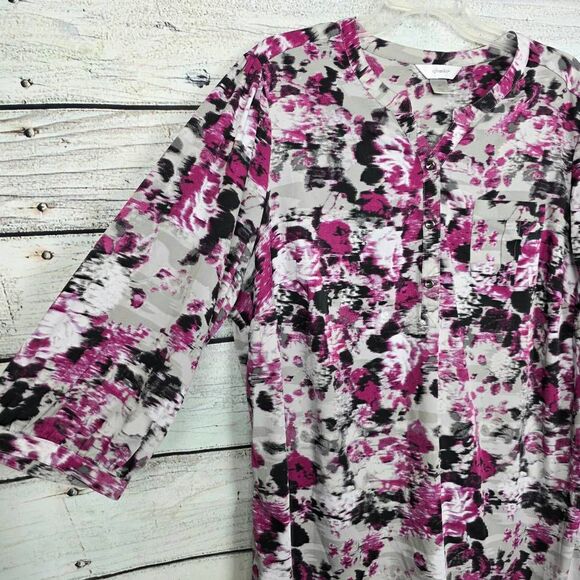 CJ Banks 2X Pink Gray Floral Long Sleeve Tunic - Picture 3 of 10